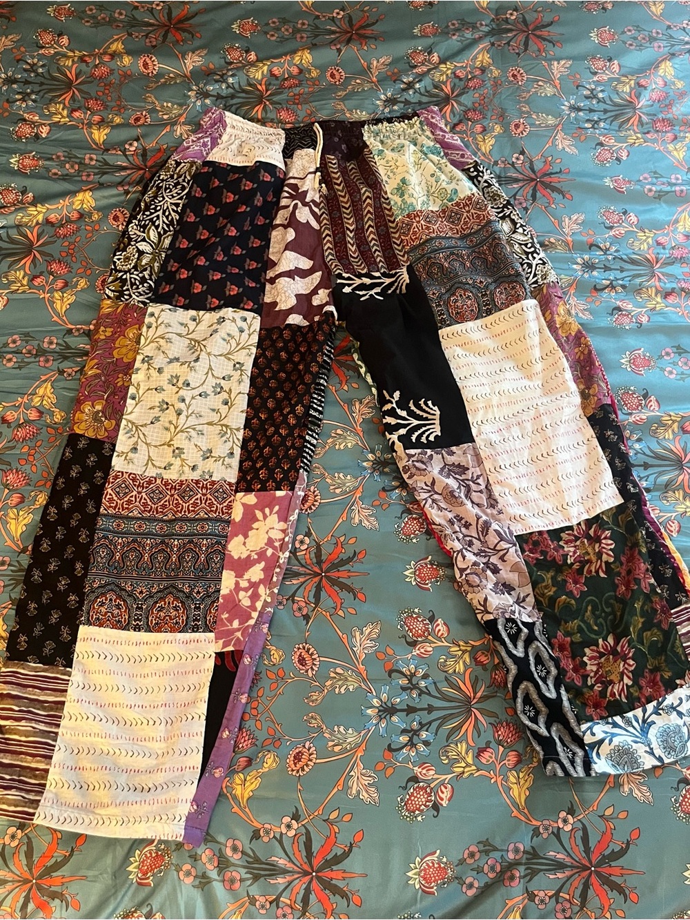 Kathmandu Multicolor Boho Patchwork Lounge Pants - Teal, Burgundy, Black